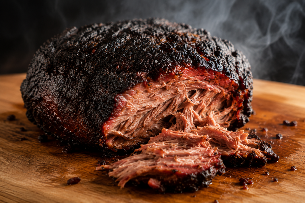 Pulled pork con bark ben sviluppato dopo una lunga cottura low & slow nello smoker.