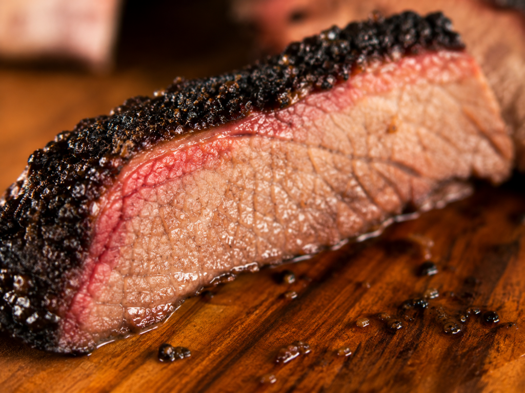 Fetta di brisket affumicato con bark scuro e smoke ring rosa ben visibile