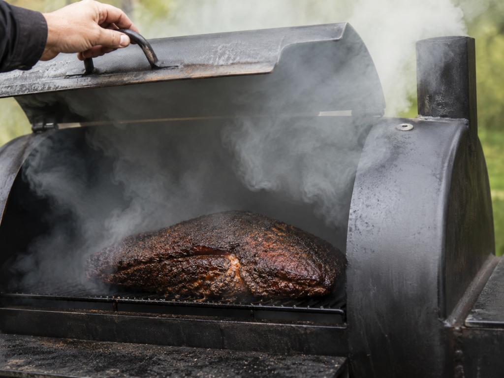 Brisket in cottura nello smoker con fumo intenso durante l'affumicatura